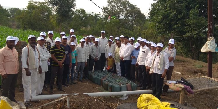 नानाजी देशमुख कृषी संजीवनी प्रकल्पांतर्गत सांगवी येथे शेतीशाळा संपन्न शेतकऱ्यांना साहित्याचे वाटप