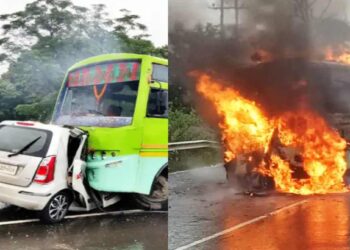 बस आणि कारचा भीषण अपघात ; अपघातानंतर बसने घेतला पेट, 5 जणांचा होरपळून मृत्यू