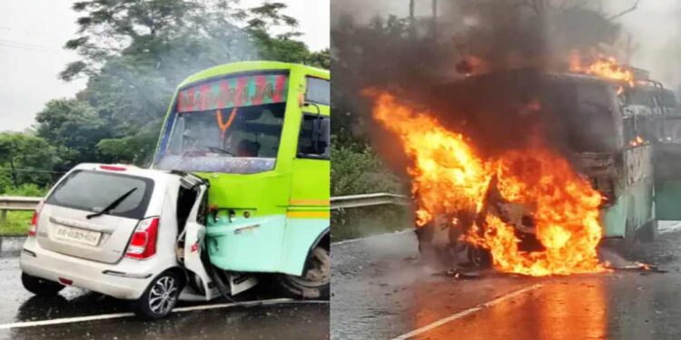 बस आणि कारचा भीषण अपघात ; अपघातानंतर बसने घेतला पेट, 5 जणांचा होरपळून मृत्यू