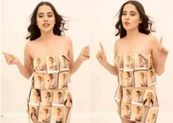 कपडे सोडून आता उर्फी जावेदने अंगावर चिकटवले फोटो, पहा व्हिडीओ