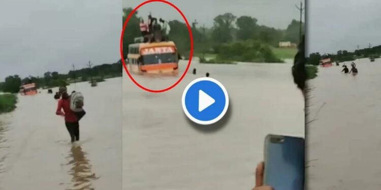 पुराच्या पाण्यात प्रवाशांनी भरलेली बस अडकली, घटनेचा थरार कॅमेऱ्यात कैद