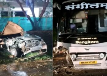 लक्झरी बस अन् कारचा भीषण अपघात ; कार चक्काचूर