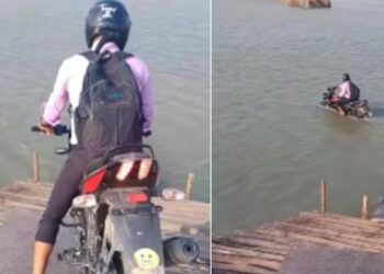 तुटलेल्या पुलामुळे तरुणाने दुचाकी थेट नदीत उतरवली अन्.. हा व्हिडीओ पाहून तुम्हीही थक्क व्हाल!