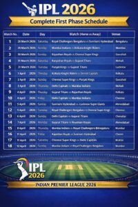 IPL 2026 Schedule: 28 मार्चपासून आयपीएलचा थरार सुरू! पहिल्या फेरीचे संपूर्ण वेळापत्रक पहा
